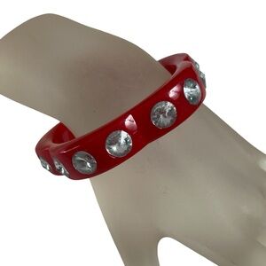 Flower Shaped Red Lucite Clear Rhinestone 3” Bangle Bracelet Chunky Vintage